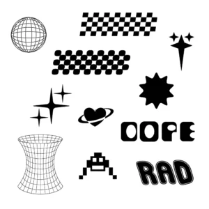 A set of retrofuturistic elements including a globe logo, different checkerboard styles, a cone raster, the words "dope" and "rad", a pixel art character, stars and a heart with a planet ring, all in Y2K 90's style.