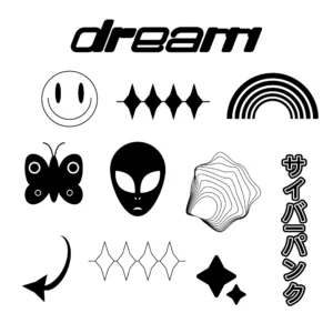 A set of minimalistic elements including a the word "dream", a smiley, a monochrome rainbow, alien, butterfly, stars, an arrow, a japanese kanji logotype and several abstract elements, all in Y2K 90's style.