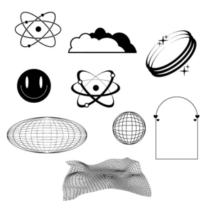 A set of retrofuturistic elements including an atom logo, clouds, circle with stars, smiley, globe raster, plane raster and an minimalistic arch, all in Y2K style.