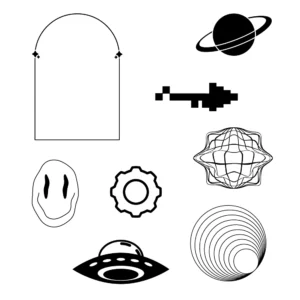 A set of minimalistic elements consisting of a stylized staurn planet logo, pixelated arrow, UFO, gear and other abstract elements, all in a Y2K 90's style.