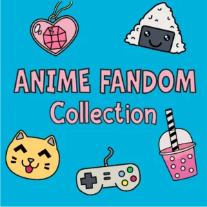 Handcrafted anime themed vector design templates including cute sushi roll, cat, gamepad and bubble tea illustrations by The Graphic Vault