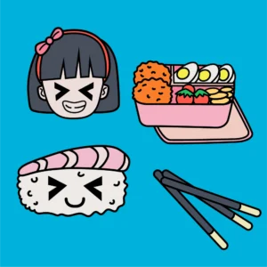 Set of 4 anime & japanese vector graphics showing grinning girl, bento box, cute sushi and pocky sticks in retro style.
