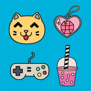Set of 4 anime & japanese vector illustrations showing a smiling cat, heart shaped pendant, retro gamepad and bubble tea.