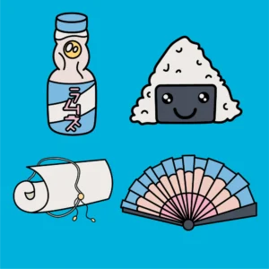 Set of 4 asian & manga themed vector illustrations showing a ramune bottle, a cute Onigiri character, a scroll and a japanese hand fan.