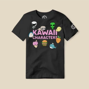 Example of Cute Kawaii Characters vector illustrations printed on a T-Shirt to show real-world application.