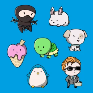 A set of cute cartoon characters including a ninja, a bunny, ice cream, turtle, dog, penguin and a businessman, all in kawaii style.