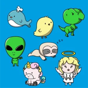 A set of cute cartoon characters including a whale, small chicken, dinosaur t-rex, alien, sloth, unicorn and an angel, all in kawaii style.