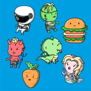 A set of cute cartoon characters including an astronaut, zombie, devil, dragon, hamburger, carrot and a mermaid, all in kawaii style.