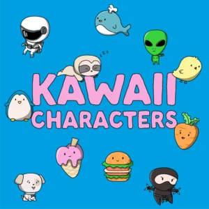 Handcrafted set of kawaii characters vector illustrations showing cute cartoon astronaut, sloth sleeping, whale, alien, chick, penguin, ice cream, dog, burger, carrot, and a ninja by The Graphic Vault.
