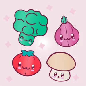 Set of 4 cute vegetables vector graphics showing a broccoli, an onion, a tomato and a mushroom, all in kawaii style.