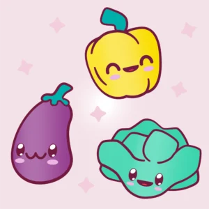 Set of 3 kawaii vegetables as vector illustrations including a paprika, an eggplant and lettuce.