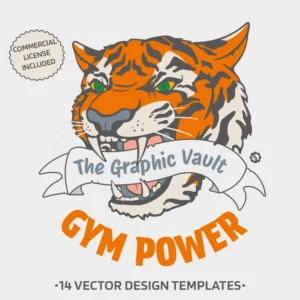 Handcrafted gym & fitness vector design templates including tiger illustration by The Graphic Vault.