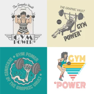 Set of 4 fitness & workout vector graphics showing Retro Weightlifter, skeleton weightlifter, Dumbbell Skelet Hand and Fitness Girl in retro style.