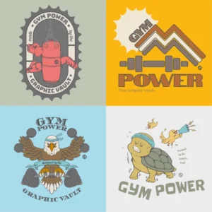 Set of 4 fitness & workout vector graphics showing punching bag wit boxing gloves, 70s style barbell design, bald eagle cartoon character with weights and a cute turtle exercise pushups.