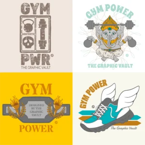 Set of 4 gym & fitness vector graphics showing stylized grunge logo, a ganesha indian elephant weightlifting, champions belt logo and a running shoe or sneaker with wings.