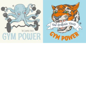 Set of 2 workout & fitness vector graphics showing stylized octopus cartoon mascot with dumbbell and barbells and a fierce tiger illsutration with a banner in it's mouth.