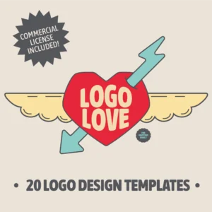 Handcrafted vector logos and design templates including heart with wings and a flash going through, by The Graphic Vault.