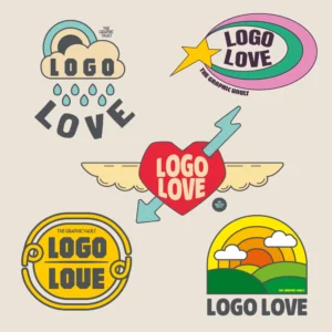Set of 5 original handcrafted vector logos including a rainy cloud, an ellpise logo with a strar, a heart with wings and flash, a badge with intertwined contour and a stylized idyllic landscape logo, all in retro style.