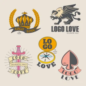 Set of 5 original handcrafted vector logo design templates including a a crown an laurel with ribbon, a stylized griffin, a compass logo, a dagger in tattoo style and an ace of spades logo.