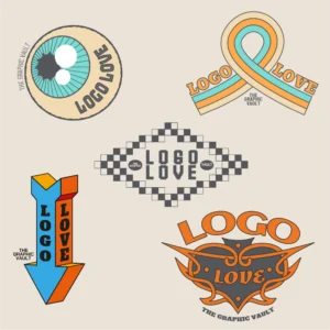 Set of 5 original vector logos including an eye, an intertwinded ribbon logo, a 3D arrow sign, a checkerboard logo and heart shaped tribal logo, all in retro style.