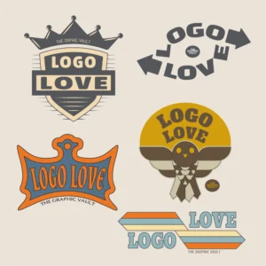 Set of 5 original vector logos designs including a shield badge with a crown, a text logo where text is showing in opposite directions, an unusual badge, a retro style 70s logo and a stylized owl with sun logo.