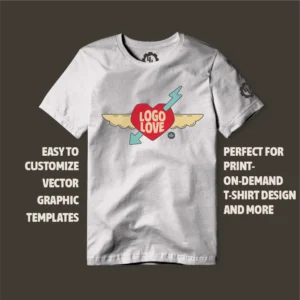 Example of Logo Love vector graphic design templates printed on a T-Shirt to show real-world application.