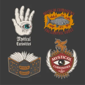 Set of 4 magic and wiccan themed vector graphics and illustrations showing a hand (manus) with an opened eye, a fish surrounded by flames, an opened magic book with spiritual sybols and a badge with a unicorn with wings and a third eye.