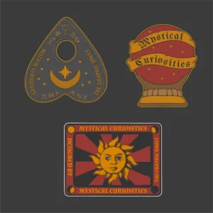 Set of 3 mystical vector graphics and illustrations showing an ouija board planchette, a crystal orb illustration and a magic card in tarot style showing a sun face illustration in vintage style.