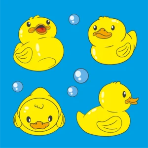 A set of 4 funny rubber ducks form various angles with water bubbles in cartoon style.