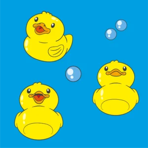 A set of 3 cute bath ducks form various angles with water bubbles in cartoon style.