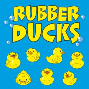 Handcrafted cute rubber ducks form various angles in cartoon style.
