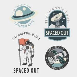 Set of 4 space faring themed vector graphics and logos showing a stylized ring planet, a radio telescope, an astronaut in retro style and a space sattelite badge.