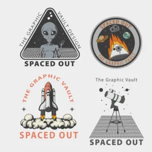 Set of 4 space and cosmic themed vector graphics and logos showing a greeting alien, a space capsule badge, a space shuttle take-off and a telescope on a stylized space raster.