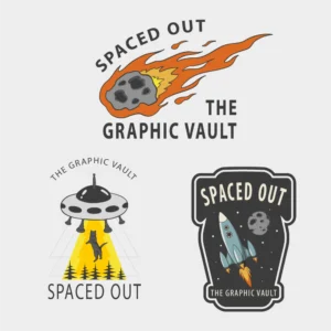 Set of 3 space and universe themed vector graphics and logos showing burning comet, a UFO abducting a cat and a badge with a space rocket with moon.
