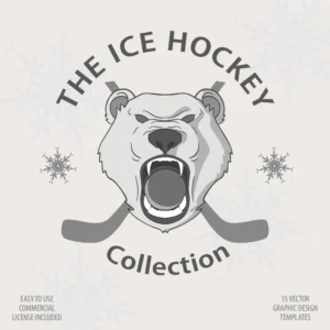 Handcrafted ice hockey themed vector design templates including a polar bear with hockey sticks illustration by The Graphic Vault.