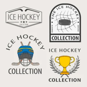 Set of 4 ice hockey themed vector graphics and logos showing a stylized hockey logo, a badge with a puk and net, an ice hockey helmet and a trophy.