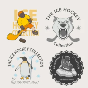 Set of 4 ice hockey themed vector graphics and logos showing a stylized hockey player, a polar bear with puk, a penguon with hockey stick and an ice skate on an ice shell badge.