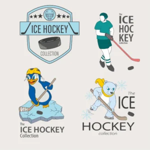 Set of 4 ice hockey themed vector graphics and logos showing a hockey puk badge, a stylized hockey player character, a cute cartoon penguin mascot character playing ice hockey and an ice bear cartoon hockey mascot.