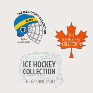 Set of 3 ice hockey themed vector graphics and logos showing a hockey helmet illustration, a canadian maple leaf and a stylized hockey goal.