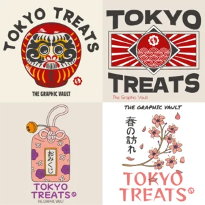 Set of 4 japanese themed vector designs including a daruma doll, a red flag badge with wave pattern, an Omamori charm and a cherry blossom illustration with japanese kanji writing.