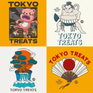 Set of 4 japanese and anime pop culture themed vector designs including a cat-zilla in Tokyo, a sumo wrestler, a bonsai tree with waterfall and birds illustration and an asian hand fan with japanese flag.