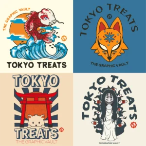 Set of 4 japanese culture and mythology inspired vector design assets including a koi fish on a wave, a kitsune mask (japanese fox), a cute cat inside a torii gate and creepy horror girl surrounded by staring eyes.