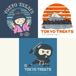 Set of 3 japanese themed vector desigs and illustrations including a cute happy geisha, a stylized Mount Fuji graphic design and a chibi ninja character.