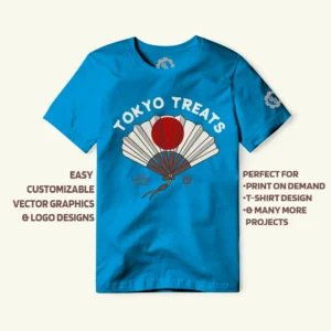 Example of Tokyo Treats vector graphic printed on a T-Shirt to show real-world application.