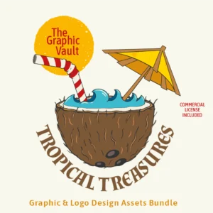 Handcrafted tropical island themed vector illustrations and design templates including a coconut cocktail by The Graphic Vault.