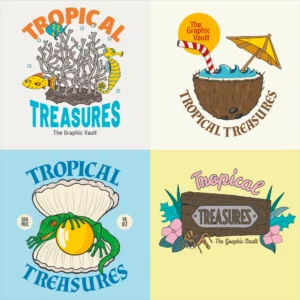 Set of 4 tropical paradise themed vector graphics and logos showing a coral reef with sea life, a coconut cocktail with ocean waves, a lizard inside a seashell with pearl and a wooden sign with exotic plants and a spider.