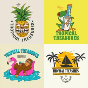Set of 4 tropical island themed vector graphics and logos showing a pineapple tiki, a frog with a message in a bottle, a relaxing monkey with cocktail in a pool flamingo and a sailboat silhouette with palm trees and sunset.