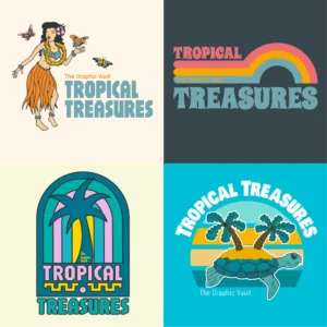 Set of 4 exotic themed vector graphics and logos showing a dancing hula girl with butterflies, a retro rainbow logo like in the 70s, an 80s style badge with palm tree and a sea turtle with a tropical beach on its shell.
