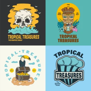 Set of 4 tropical islands themed vector designs and a fata morgana skull sunset, a tiki drinking a cocktail, a toucan sitting on a treasure chest at the beach and a wave logo badge.