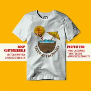 Example of Tropical Treasures tropical themed Collection vector illustrations printed on a T-Shirt to show real-world application.